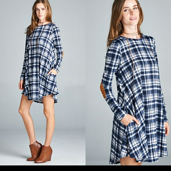 Glamvault Dresses & Skirts - Sold Blue plaid dress with suede elbow